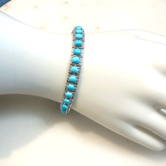 Sleeping Beauty Turquoise Rhodium Over Sterling Silver Bracelet & White Zircon - Picture 3 of 16